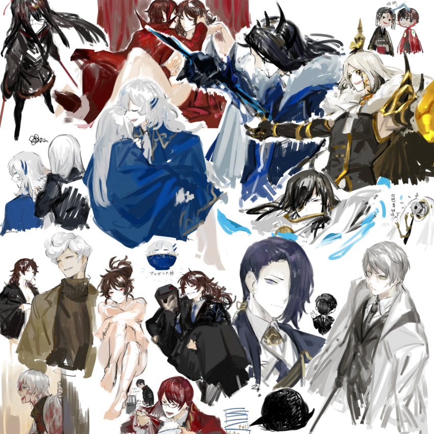 angelica_(project_moon), argalia_(project_moon), astolfo_(project_moon), back_hair, black_jacket, black_necktie, black_pantyhose, brown_sweater