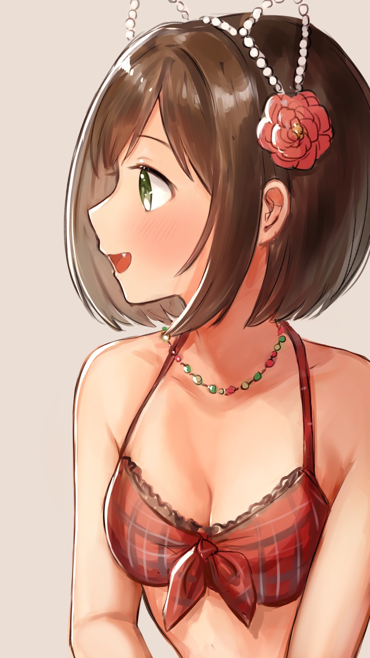 1girl, animal_ears, bare_shoulders, bead_necklace, beads, bikini, blush, breasts