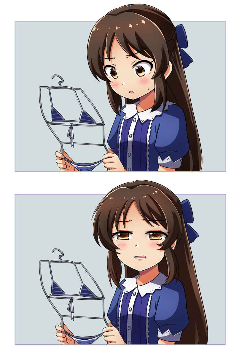 1girl, 2koma, bikini, black_hair, blue_bikini, blue_dress, blush, clothes_hanger, comic, disgust, dress, highres, holding, holding_clothes_hanger, idolmaster, idolmaster_cinderella_girls, idolmaster_cinderella_girls_u149, long_hair, looking_at_viewer, meme, micro_bikini, ryusei2u, simple_background, striped_bikini, striped_clothes, swimsuit, tachibana_arisu, winnie_the_pooh_reading_(meme), yellow_eyes