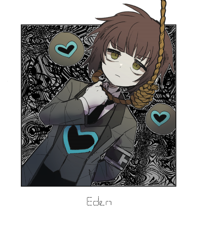 1boy, arm_behind_back, armband, black_necktie, black_pants, brown_hair, chinese_commentary, closed_mouth, coat, collared_shirt, commentary_request, e.g.o_(project_moon), employee_(project_moon), green_eyes, grey_coat, grey_vest, heart, lobotomy_corporation, long_sleeves, male_focus, necktie, noose, nugget_(project_moon), open_clothes, open_coat, orb, pants, project_moon, sanpaku, shirt, short_hair, sketch, smoke_(killscreen_s), solo, sound_of_a_star_(e.g.o), vest, white_shirt