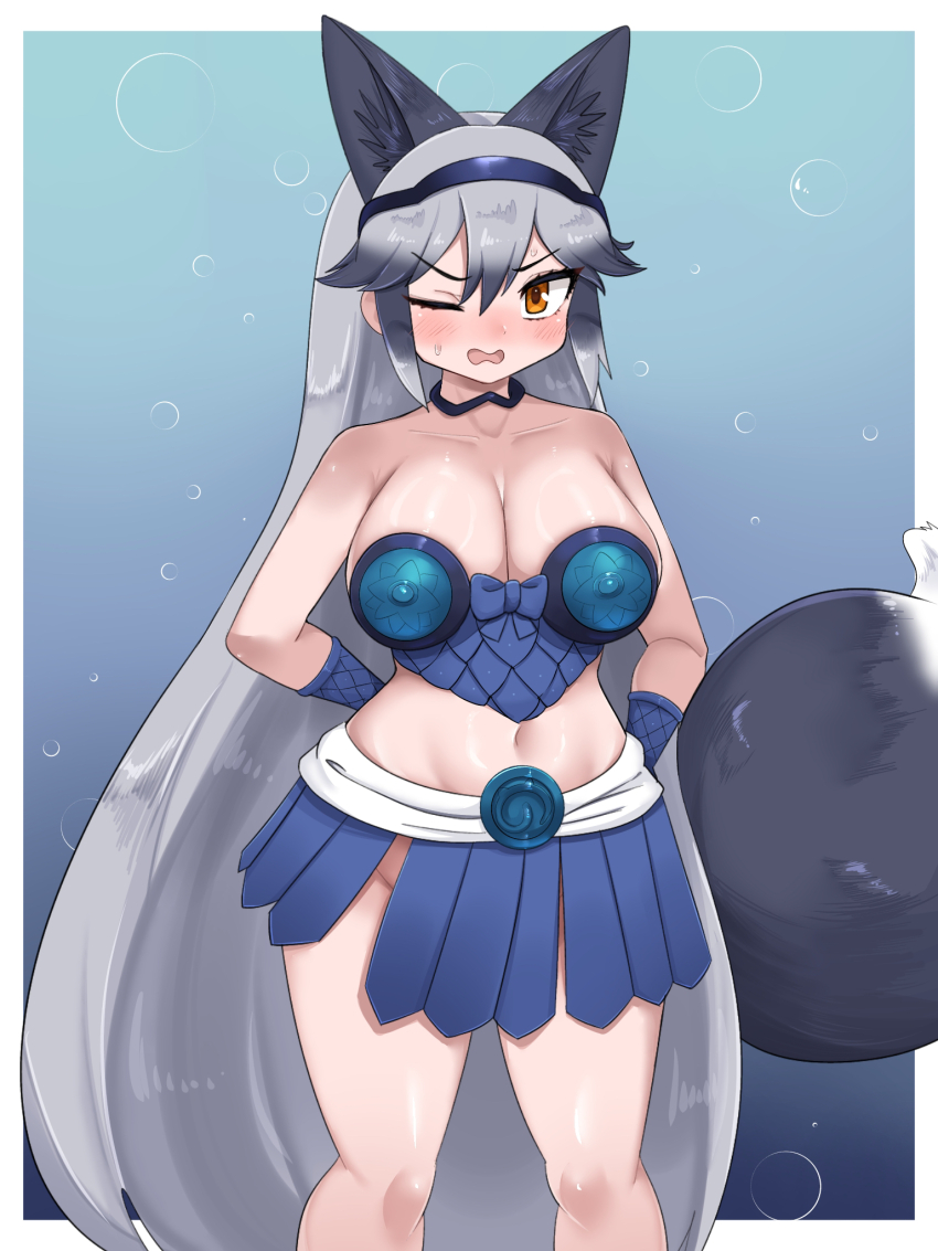 1girl, animal_ears, aramaru, armor, bikini_armor, black_hair, blush, breasts, cleavage, coelacanth_(kemono_friends), coelacanth_(kemono_friends)_(cosplay), cosplay, fox_ears, fox_tail, grey_hair, highres, japari_symbol, kemono_friends, kemono_friends_3, large_breasts, long_hair, looking_at_viewer, midriff, multicolored_hair, navel, one_eye_closed, open_mouth, silver_fox_(kemono_friends), skirt, solo, tail, undersized_clothes