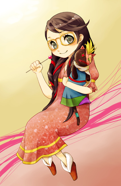 1girl, bayonetta_(series), bayonetta_1, black_hair, blue_eyes, braid, candy, cereza, child, doll, female_focus, food, glasses, hair_ribbon, hitsuji_nana, long_hair, ribbon, ribbon_braid, solo, stuffed_toy, youshichi