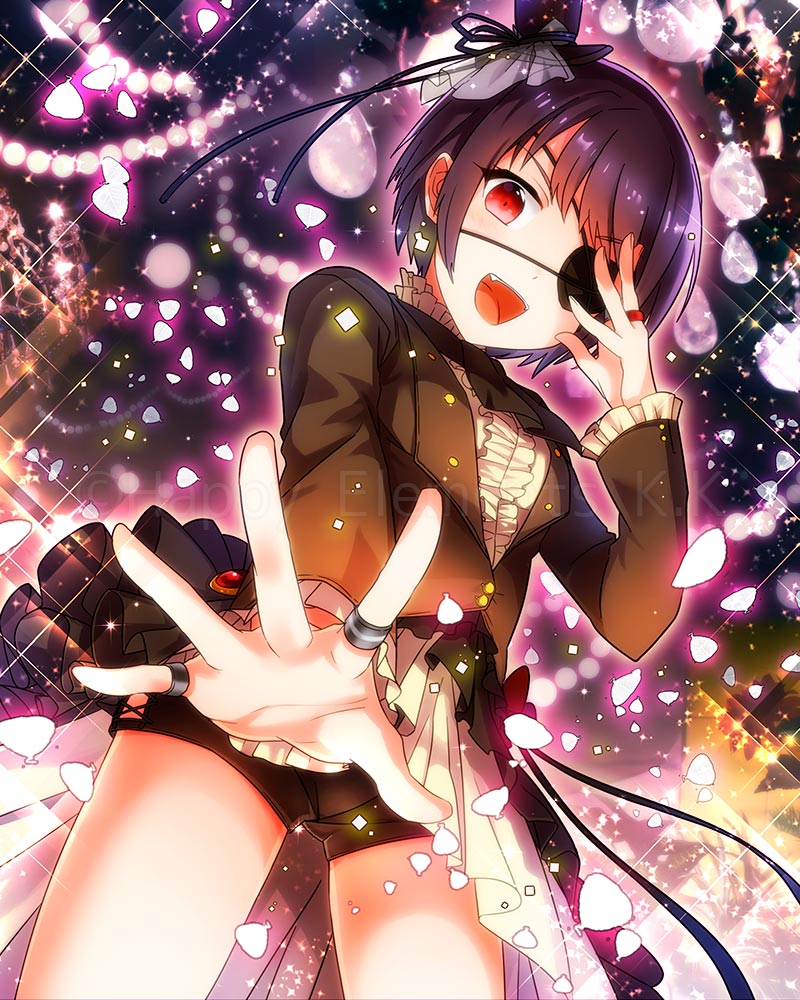 1girl, black_background, black_hair, black_jacket, black_shorts, blazer, earrings, ensemble_girls!