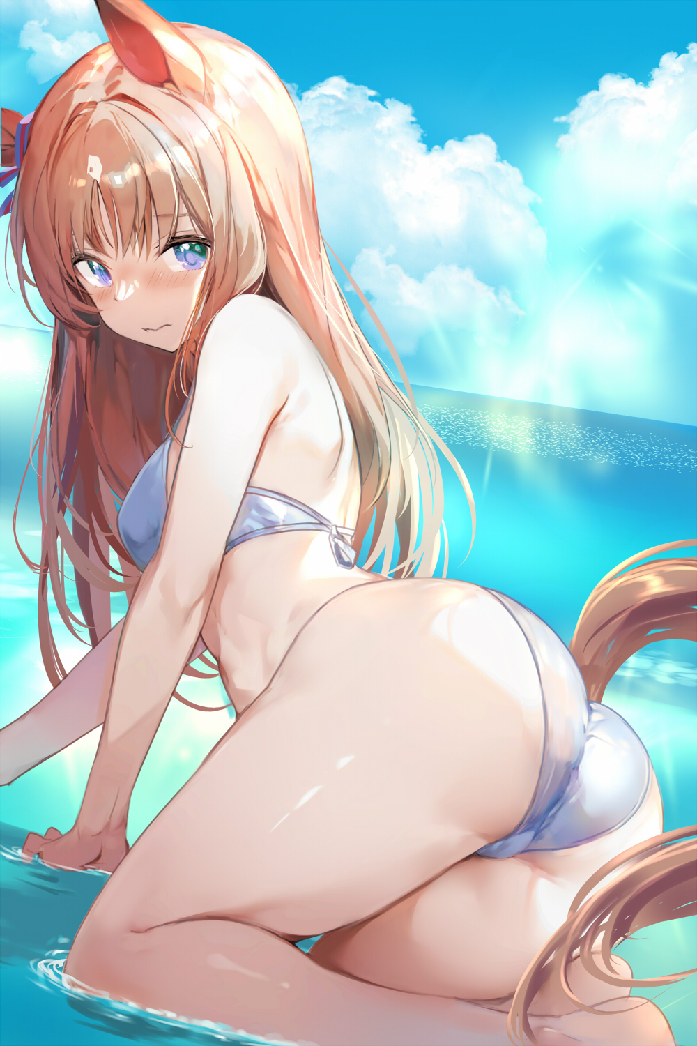 1girl, all_fours, alternate_costume, animal_ears, ass, bikini, blue_eyes, breasts