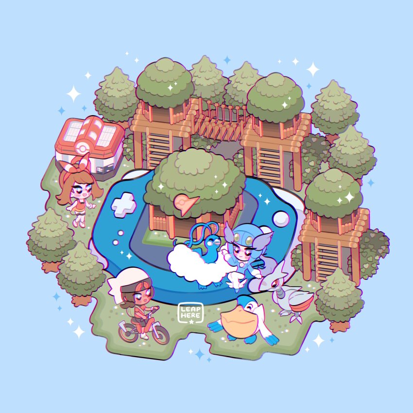 1boy, 2girls, altaria, artist_name, backpack, bag, beanie, bicycle, bow_hairband, brendan_(pokemon), brown_hair, commentary, fortree_city, gen_2_pokemon, gen_3_pokemon, grass, green_bag, hairband, hat, helmet, highres, holding, ladder, leaphere, may_(pokemon), multiple_girls, nintendo, pants, pelipper, pokemon, pokemon_(creature), pokemon_center, pokemon_gym, pokemon_omega_ruby_and_alpha_sapphire, riding, riding_bicycle, shirt, shoes, shorts, skarmory, sleeveless, sleeveless_shirt, standing, tree, white_headwear, white_pants, white_shorts, winona_(pokemon)