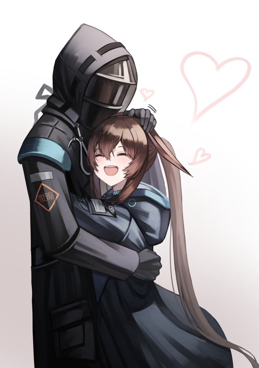 1girl, 1other, :d, absurdres, amiya_(arknights), animal_ears, arknights, black_coat, black_gloves, blue_collar, blush, brown_hair, closed_eyes, coat, collar, doctor_(arknights), ears_down, gloves, happy, headpat, heart, highres, hood, hood_down, hood_up, hooded_coat, hug, jewelry, kimsuwan2013, long_hair, long_sleeves, neck_ring, open_mouth, ponytail, rabbit_ears, rabbit_girl, simple_background, smile, teeth, upper_teeth_only, very_long_hair, white_background