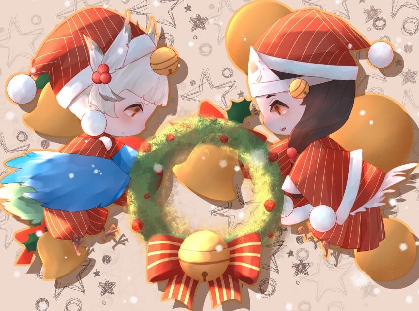 1boy, 1girl, absurdres, bell, bird_footprints, bird_legs, black_hair, brown_background, brown_eyes, chibi, christmas, christmas_wreath, doujo_(onmyoji), full_body, hat, highres, long_hair, long_sleeves, oguna_(onmyoji), onmyoji, pants, profile, red_headwear, red_pants, red_skirt, santa_costume, santa_hat, skirt, striped_clothes, striped_headwear, striped_pants, striped_skirt, vertical-striped_clothes, vertical-striped_headwear, vertical-striped_pants, vertical-striped_skirt, white_hair, wide_sleeves, wings, wreath, yi_er_san