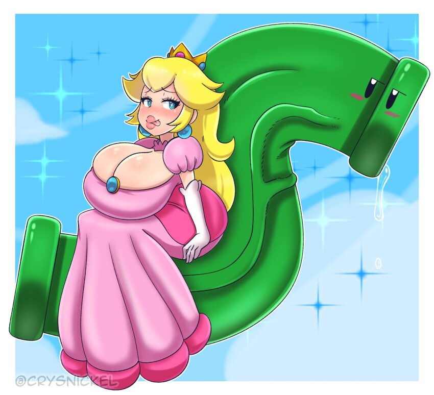1girl, blonde_hair, blue_eyes, breasts, breasts_on_lap, bursting_breasts, cleavage, crysnickel, dress, highres, huge_breasts, inchworm_pipe, legs, long_hair, looking_at_viewer, mario_(series), naughty_face, nintendo, princess, princess_peach, sexually_suggestive, smile, solo, super_mario_bros._wonder, thighs, tongue, tongue_out, warp_pipe