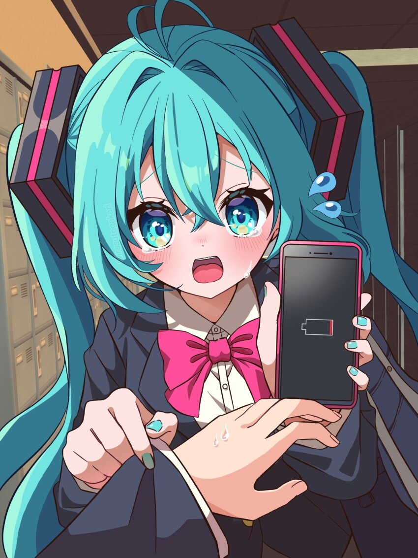 1girl, 1other, aqua_eyes, aqua_hair, aqua_nails, battery_indicator, blue_jacket, cellphone