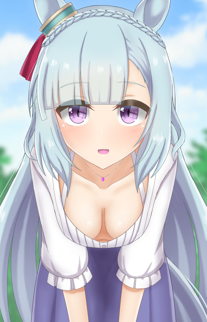 1girl, absurdres, alternate_costume, animal_ears, blue_hair, blurry, blurry_background, blush, braid, breasts, casual, cleavage, cloud, commentary_request, crown_braid, downblouse, extended_downblouse, hanging_breasts, highres, horse_ears, horse_girl, horse_tail, jewelry, katsuragi_b_k, large_breasts, leaning_forward, looking_at_viewer, mejiro_ardan_(casual)_(umamusume), mejiro_ardan_(umamusume), navel, necklace, no_bra, open_mouth, outdoors, purple_eyes, sky, smile, solo, tail, textless_version, umamusume