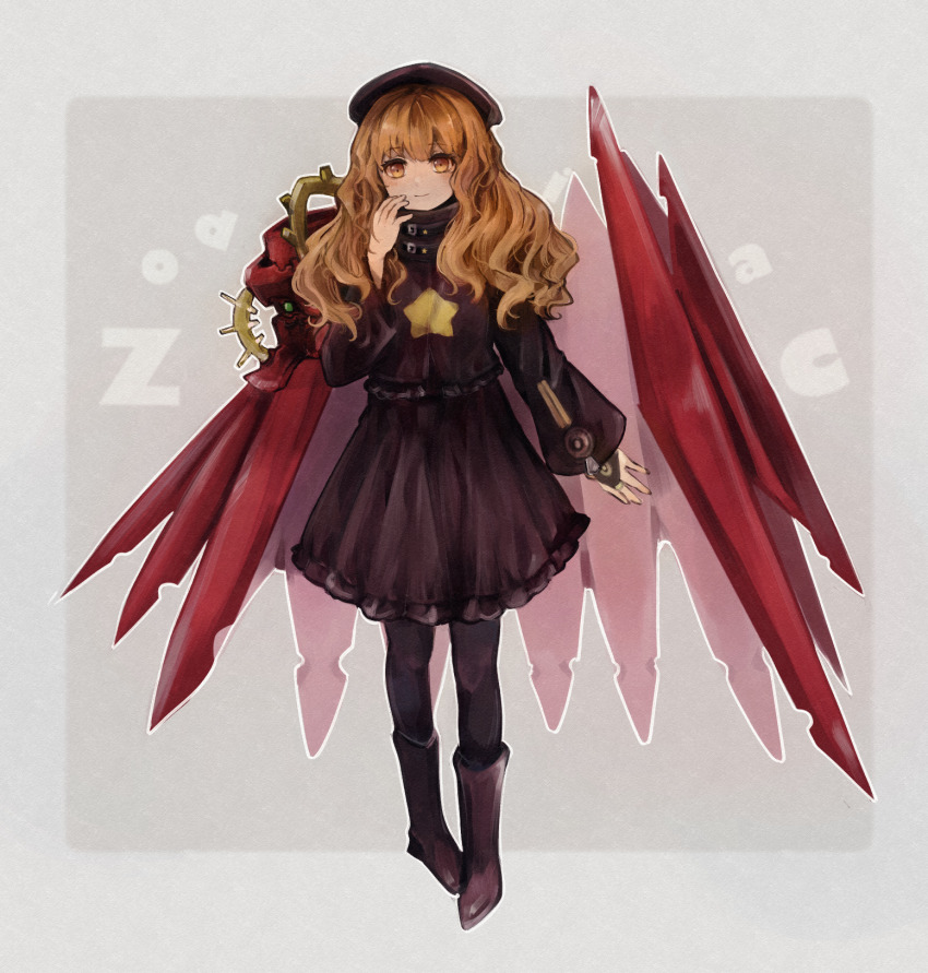 1girl, beret, black_pantyhose, boots, brown_dress, dress, etrian_odyssey, full_body