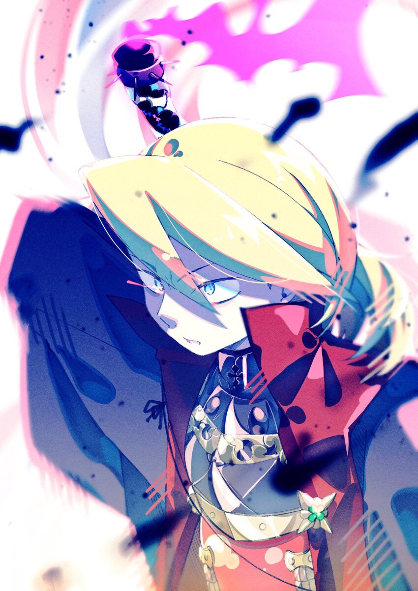 1boy, arm_up, blonde_hair, blue_eyes, chest_armor, etrian_odyssey, hair_between_eyes, highres