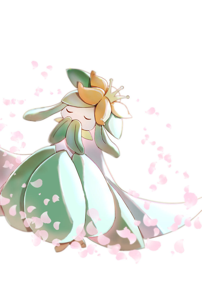 absurdres, closed_eyes, colored_skin, commentary_request, emofuru_(vktd5442), falling_petals, flower, gen_5_pokemon, hands_up, highres, lilligant, nintendo, no_humans, orange_flower, petals, pokemon, pokemon_(creature), solo, standing, u_u, white_background, white_skin