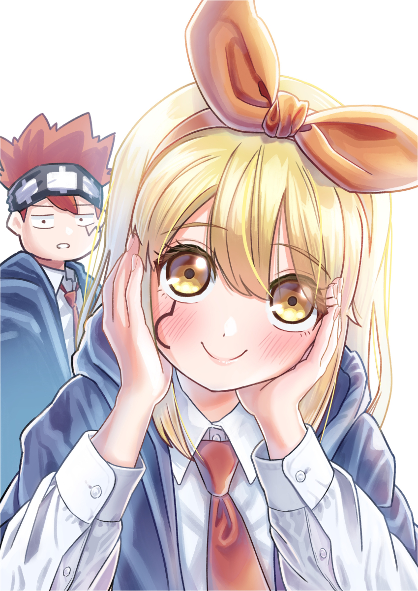 1boy, 1girl, absurdres, black_headband, blonde_hair, blush, bow, daut_barret