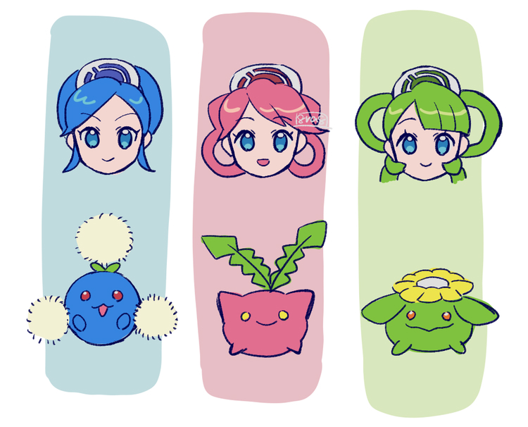 3girls, aqua_eyes, blue_hair, blunt_bangs, chibi, closed_mouth, commentary_request, eyelashes