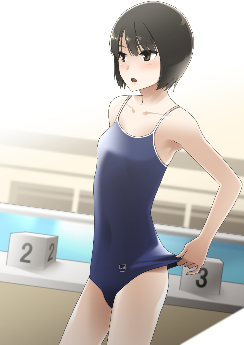 1girl, :o, adjusting_clothes, adjusting_swimsuit, arm_behind_back, armpits, bare_shoulders, blue_one-piece_swimsuit