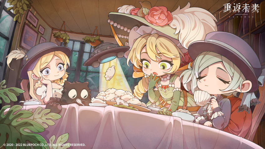 3girls, :o, abduction, alien_t, arm_on_table, ascot, bare_shoulders, black_coat, black_headwear, black_vest, blonde_hair, blue_bow, blue_eyes, boater_hat, bookshelf, bow, bowl, chair, chibi, chinstrap, closed_eyes, closed_mouth, coat, copyright_name, copyright_notice, cow, cup, drawing_(object), dress, drill_hair, dumpling, dutch_angle, elbow_gloves, flower, flying_saucer, food, gloves, green_dress, green_eyes, green_gloves, green_headwear, grey_hair, hair_bun, hand_on_own_cheek, hand_on_own_face, hand_on_table, hand_to_own_mouth, hand_up, hanging_plant, hat, hat_bow, hat_feather, hat_flower, highres, holding, holding_cup, indoors, jewelry, jiaozi, logo, looking_at_another, looking_down, ms._moissan, multiple_girls, necklace, official_art, pearl_necklace, picture_frame, plant, plate, porkpie_hat, potted_plant, puffy_short_sleeves, puffy_sleeves, red_flower, reverse:1999, round_table, second-party_source, shirt, short_hair, short_sleeves, single_side_bun, sitting, sleeveless, sleeveless_dress, smile, sotheby, spacecraft, sun_hat, table, tablecloth, twin_drills, ufo, vertin_(reverse:1999), vest, white_ascot, white_shirt, window