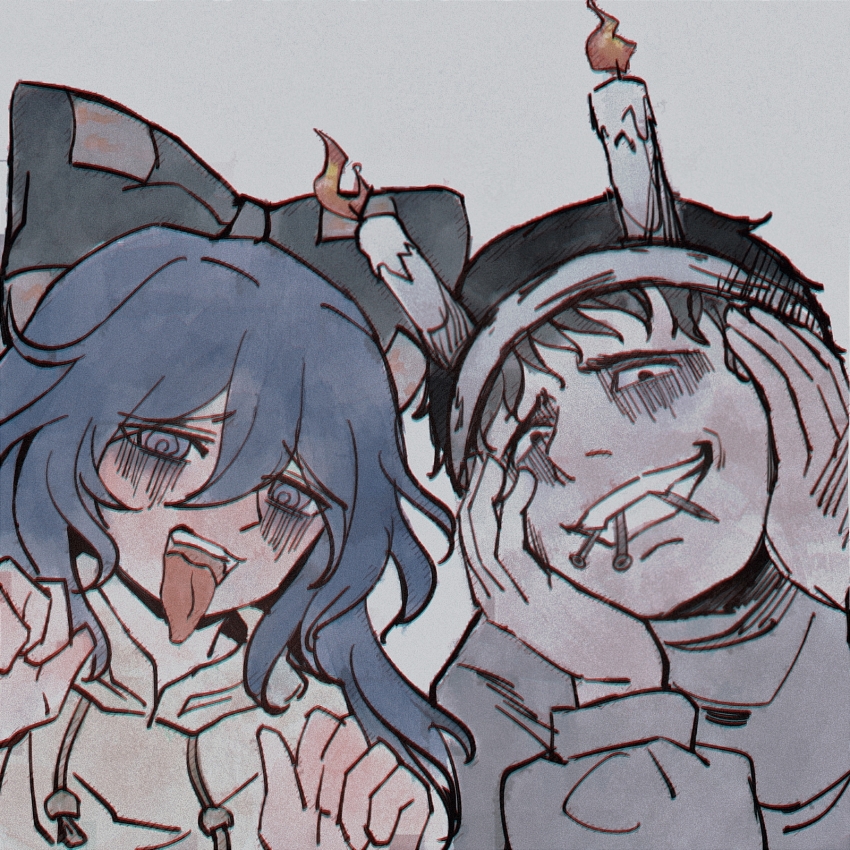 1boy, 1girl, @_@, bags_under_eyes, black_bow, black_eyes, black_hair, blue_eyes