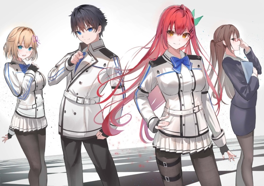 1boy, 3girls, aqua_eyes, black_hair, black_pants, black_pantyhose, blonde_hair, blue_bow