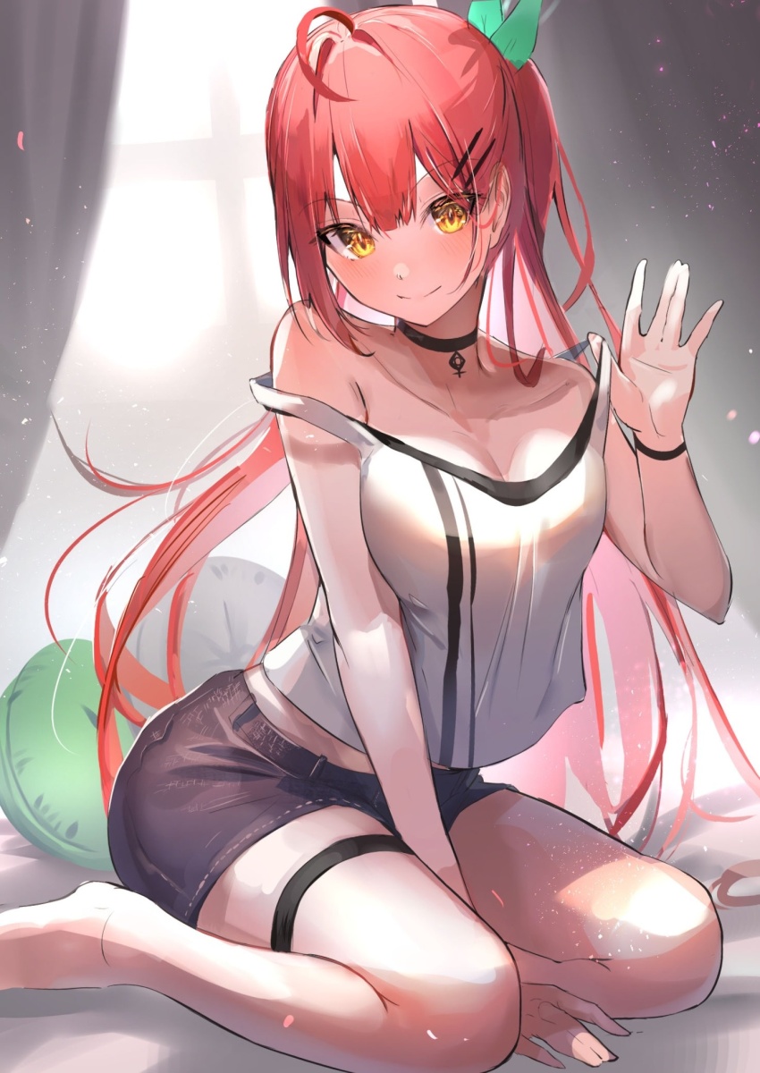 1girl, ahoge, between_legs, black_choker, black_shorts, breasts, choker, cleavage