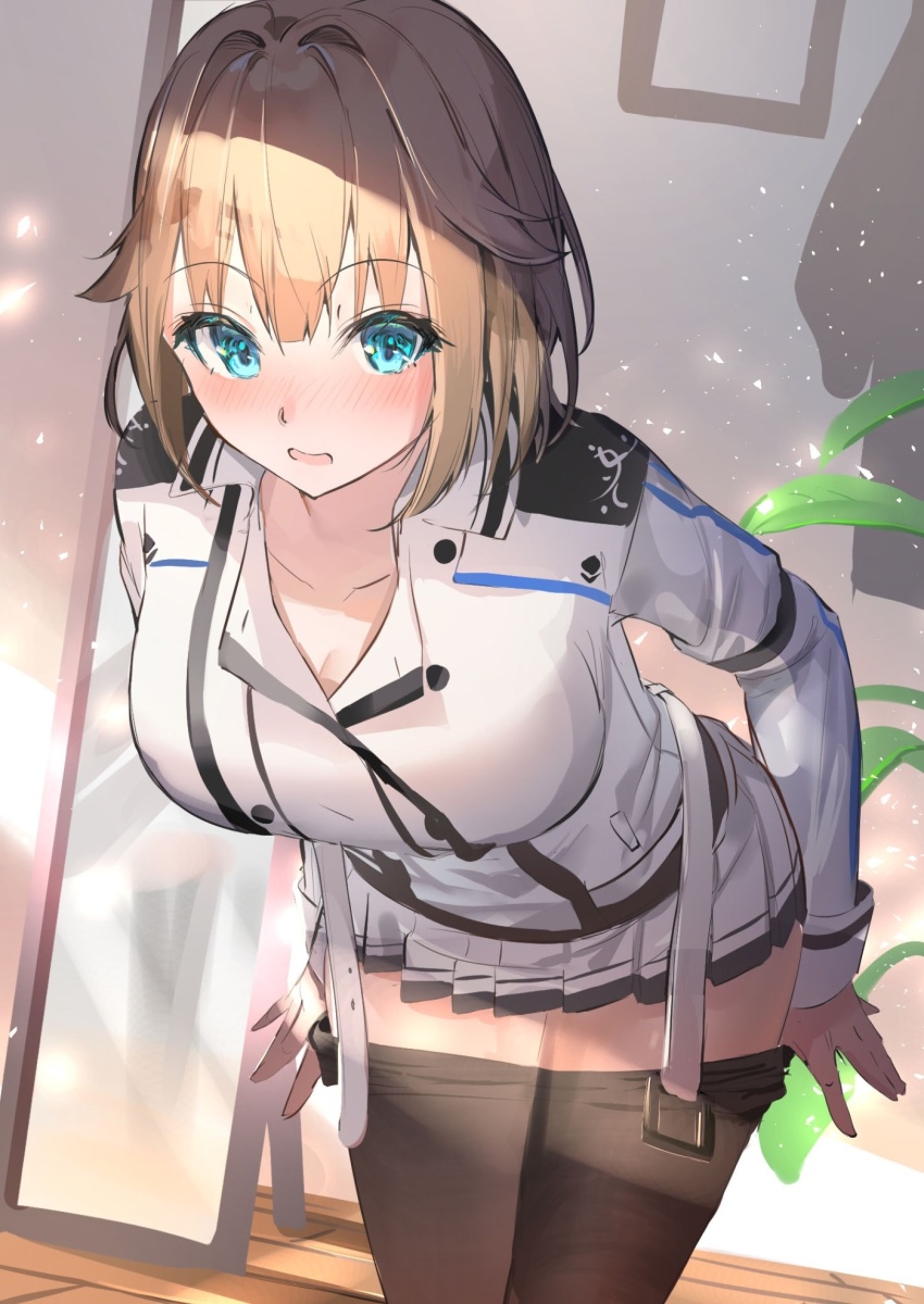 1girl, belt, black_pantyhose, blonde_hair, blue_eyes, blush, breasts, cleavage