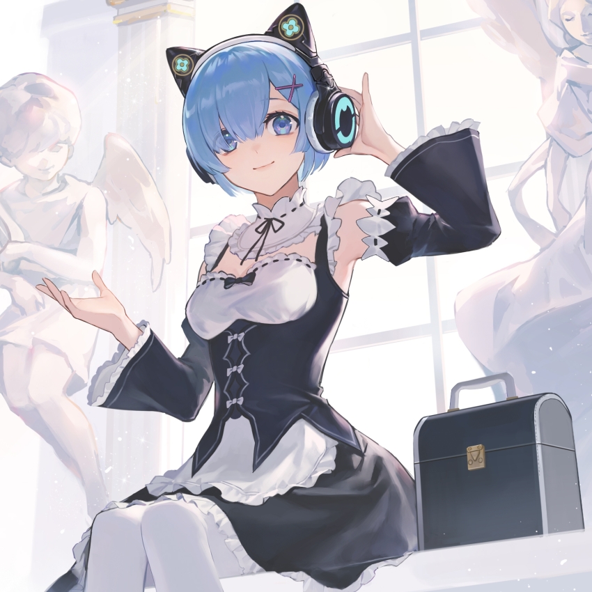 1girl, adjusting_headphones, angel_statue, animal_ear_headphones, animal_ears, armpits, black_dress, black_ribbon
