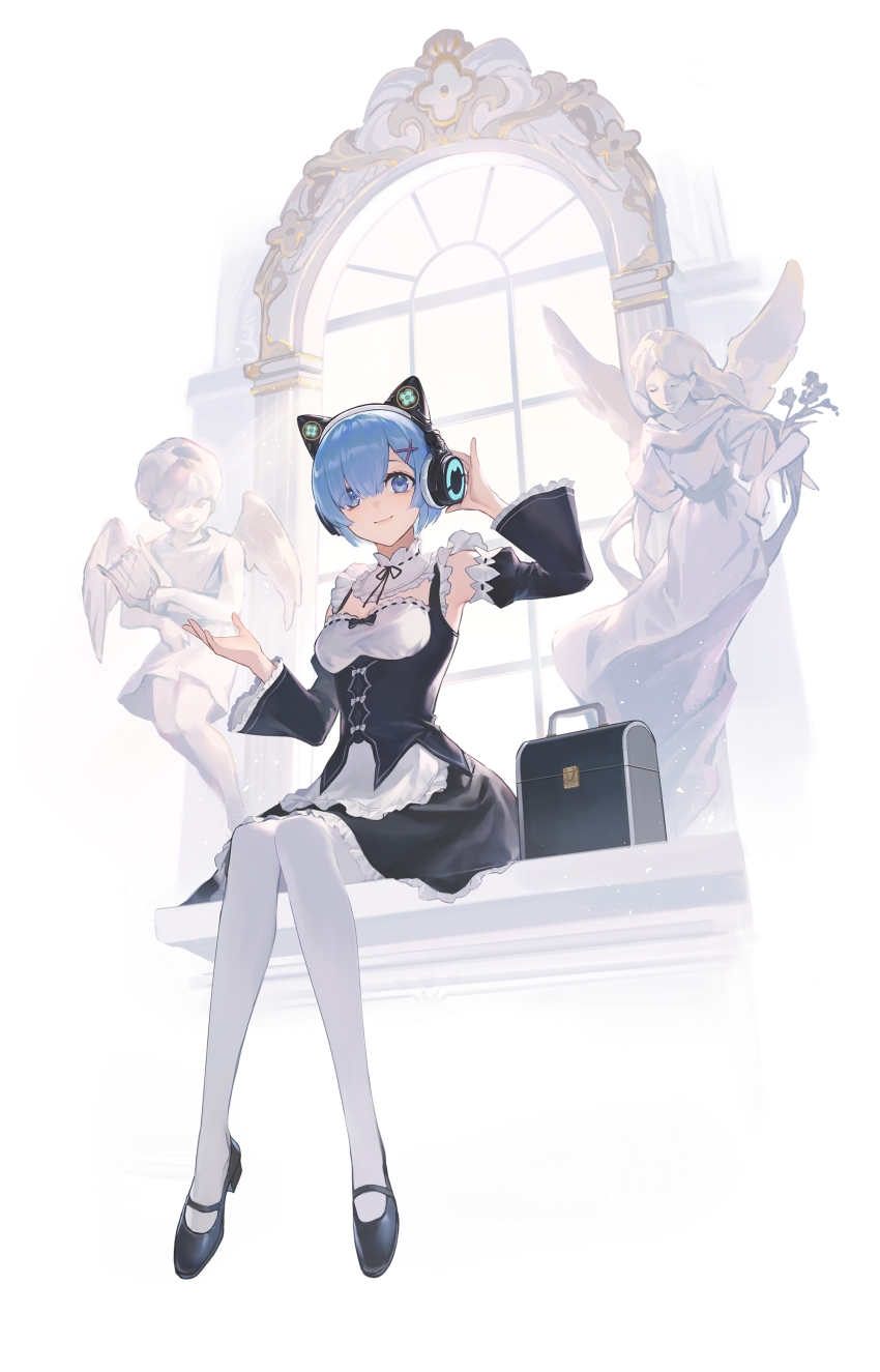 1girl, absurdres, adjusting_headphones, angel_statue, animal_ear_headphones, animal_ears, black_dress, black_ribbon