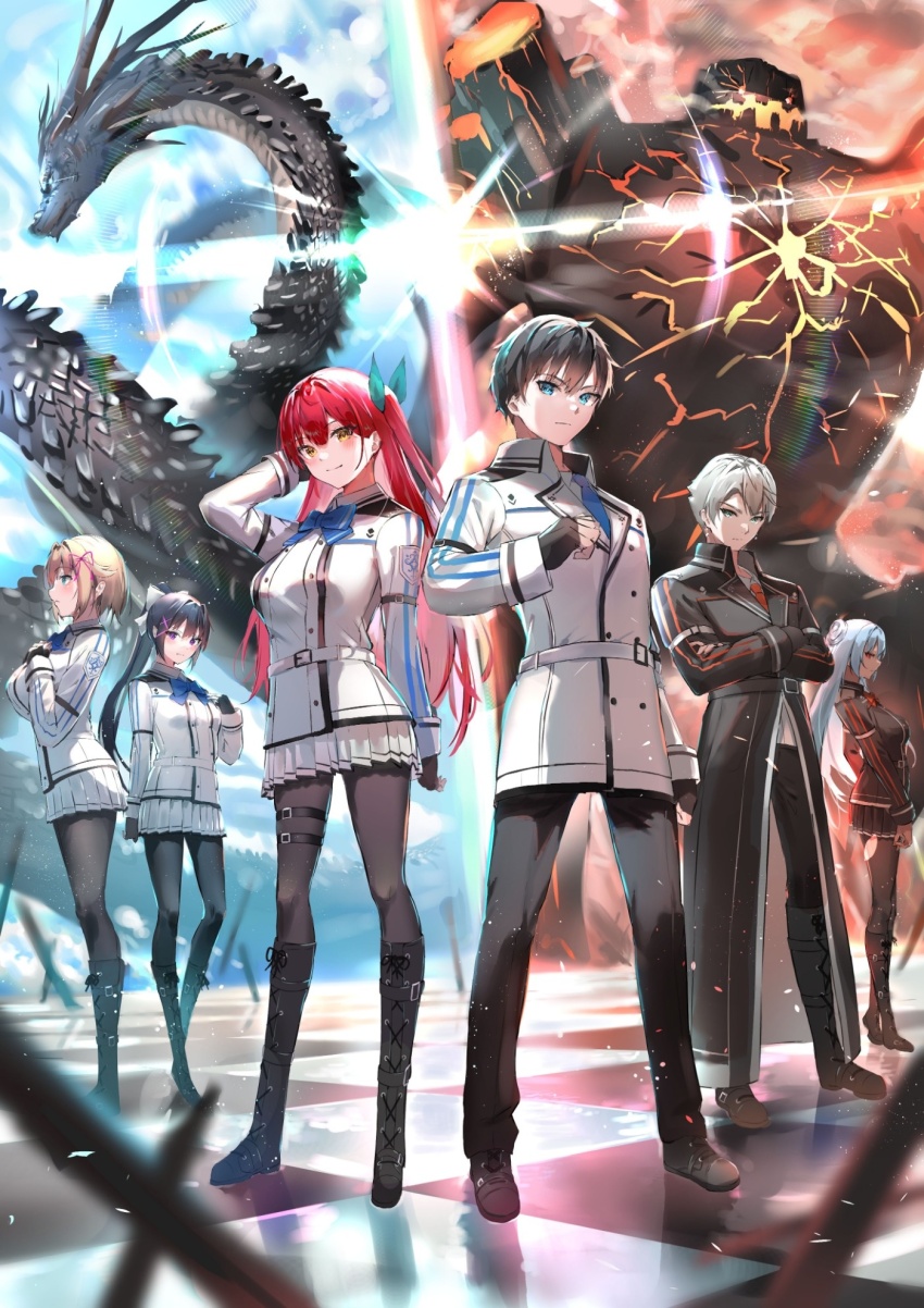 2boys, 5girls, aqua_eyes, black_footwear, black_gloves, black_hair, black_pants, black_pantyhose