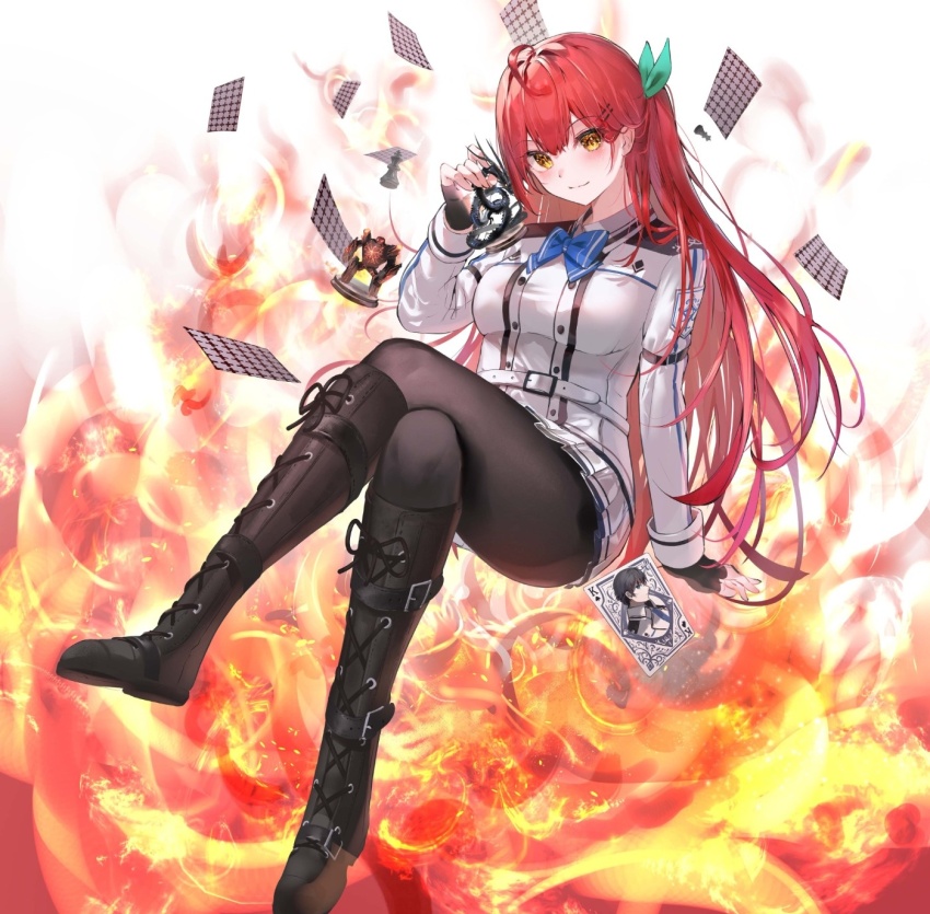 1girl, ahoge, black_boots, black_gloves, black_pantyhose, blue_bow, blue_bowtie, blush