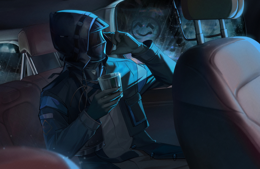 1other, 9chung, ambiguous_gender, arknights, black_coat, black_gloves, car_interior, cellphone