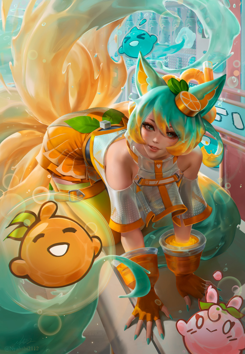 1girl, :>, absurdres, ahri_(league_of_legends), all_fours, alternate_costume, animal_ears, bare_shoulders