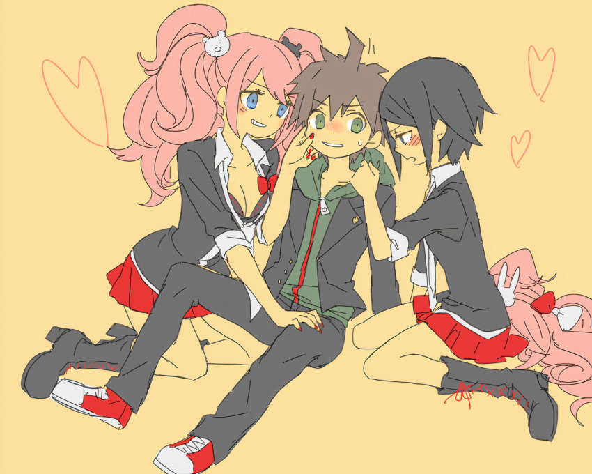 1boy, 2girls, ahoge, bear_hair_ornament, black_footwear, black_hair, black_jacket, black_pants
