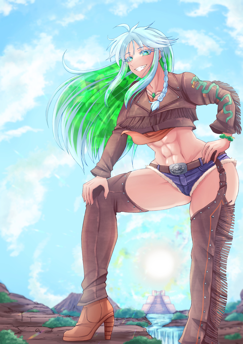 1girl, abs, absurdres, aztec, belt, belt_buckle, blue_hair, bracelet, braid, buckle, chaps, colored_inner_hair, crop_top, cropped_jacket, crystal_hair, denim, detached_pants, fate/grand_order, fate_(series), fringe_trim, green_eyes, green_hair, highres, jacket, jewelry, kikyouta, kukulkan_(fate), kukulkan_(first_ascension)_(fate), light_blue_hair, long_hair, midriff, multicolored_hair, navel, short_shorts, shorts, shrug_(clothing), smile, solo