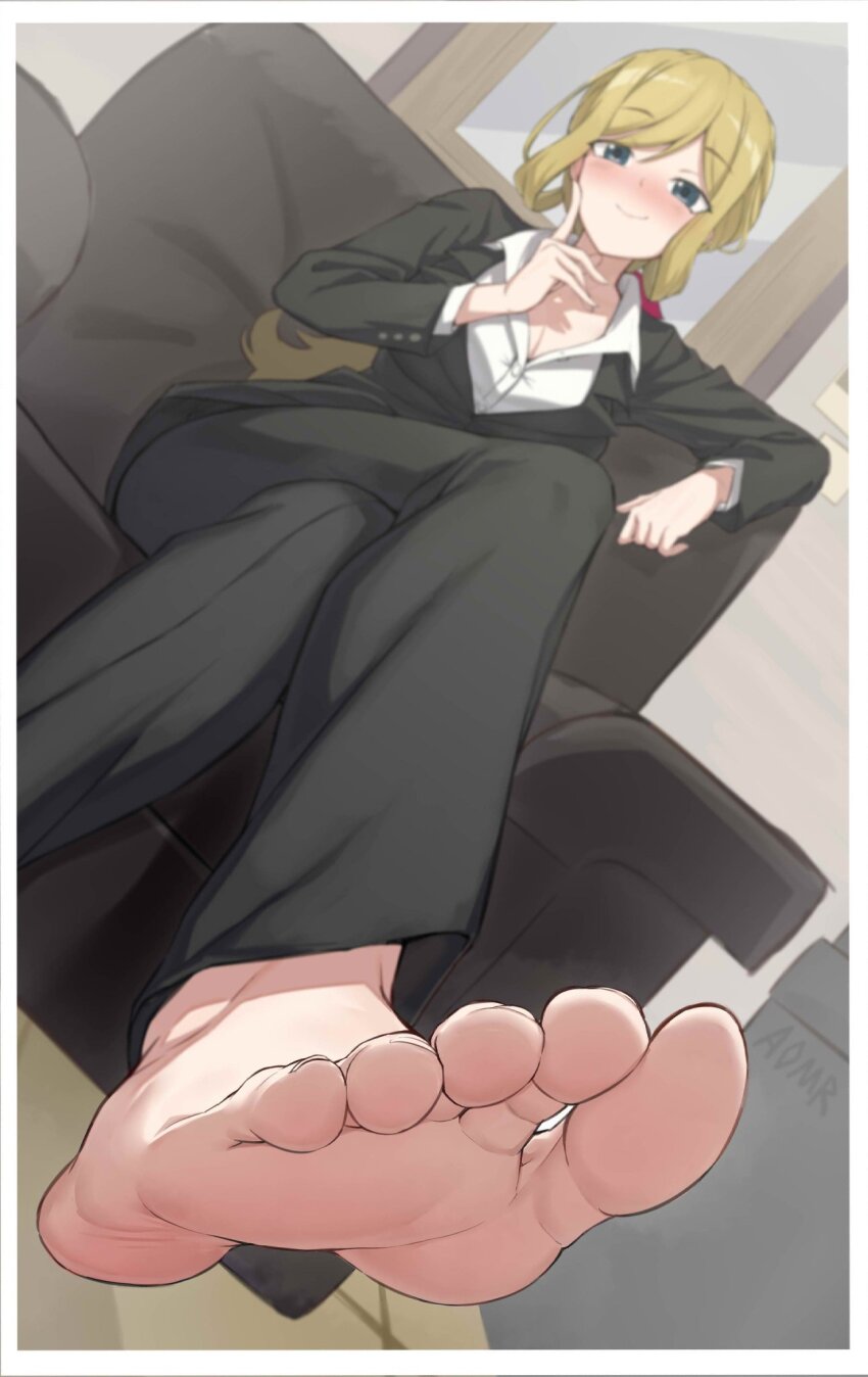 1girl, alice_gear_aegis, aomoro, armchair, barefoot, black_pants, blonde_hair, blue_eyes, blush, breasts, chair, cleavage, crossed_legs, feet, foot_focus, highres, medium_breasts, office_lady, pants, presenting_foot, rita_henschel, sitting, smile, soles, solo, toes