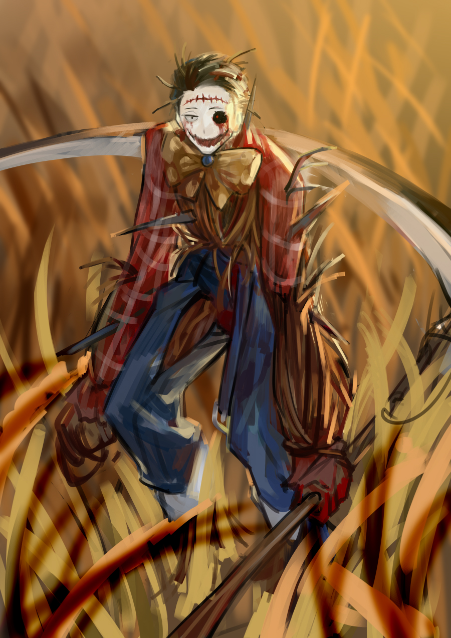 1boy, black_hair, blood, blue_pants, bow, bowtie, e.g.o_(project_moon), grin