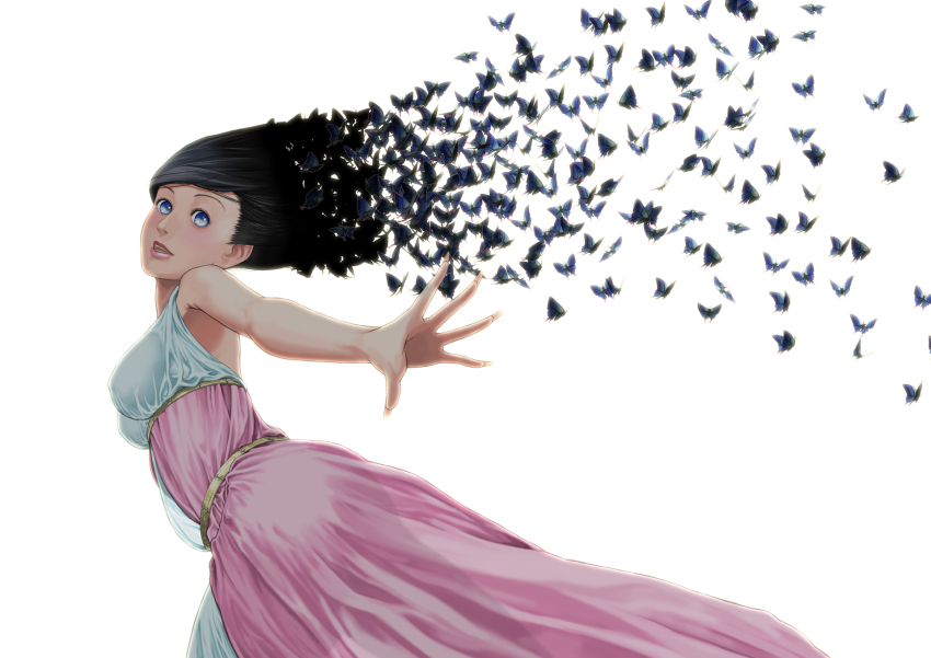 1girl, black_hair, blue_eyes, bug, butterfly, female_focus, highres, insect