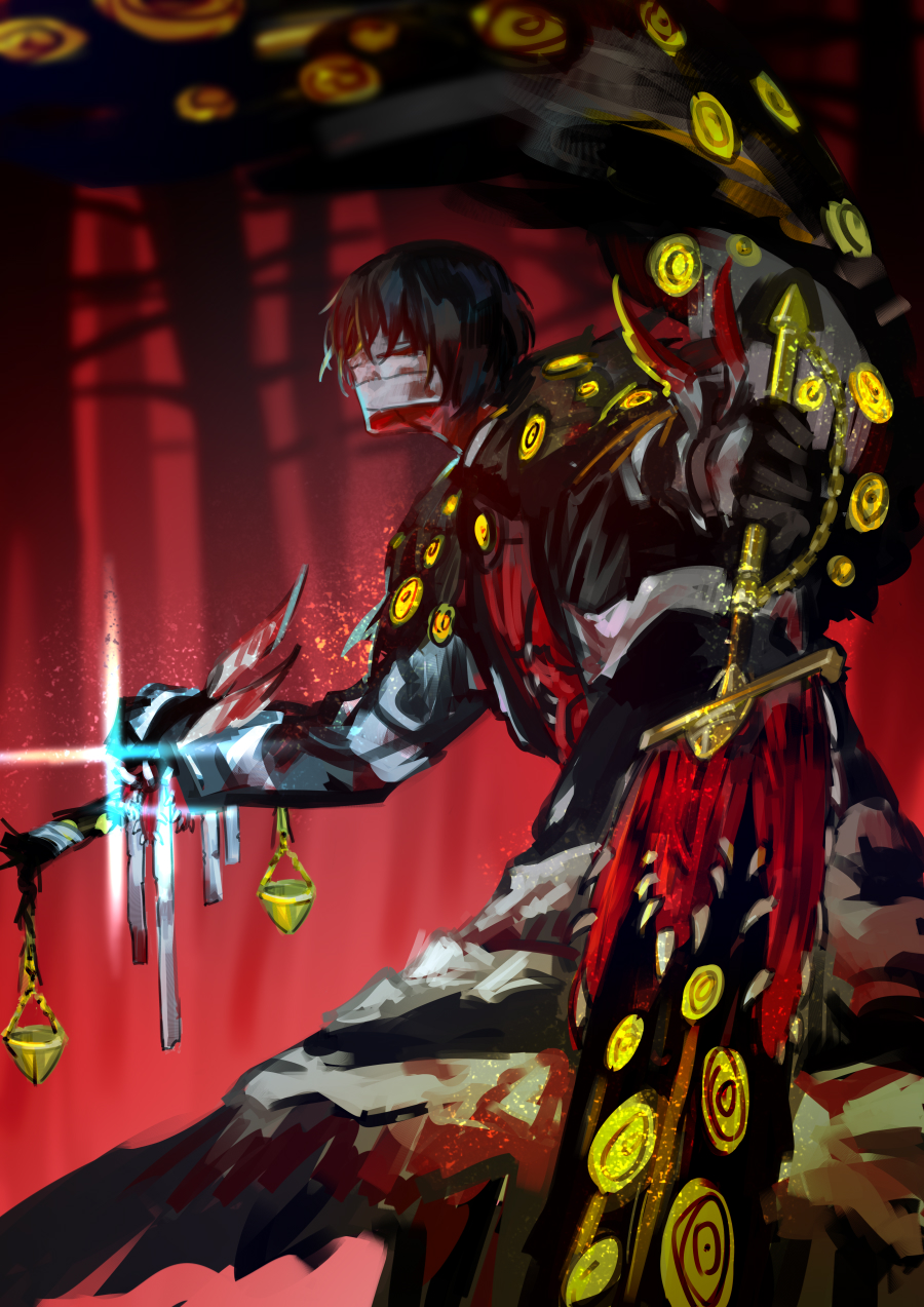 1boy, balance_scale, bandage_on_face, bandages, black_coat, black_feathers, black_hair, black_wings