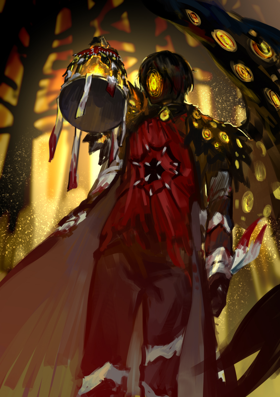 1boy, bandaged_arm, bandaged_leg, bandages, big_bird_(project_moon), birdcage, black_coat, black_wings