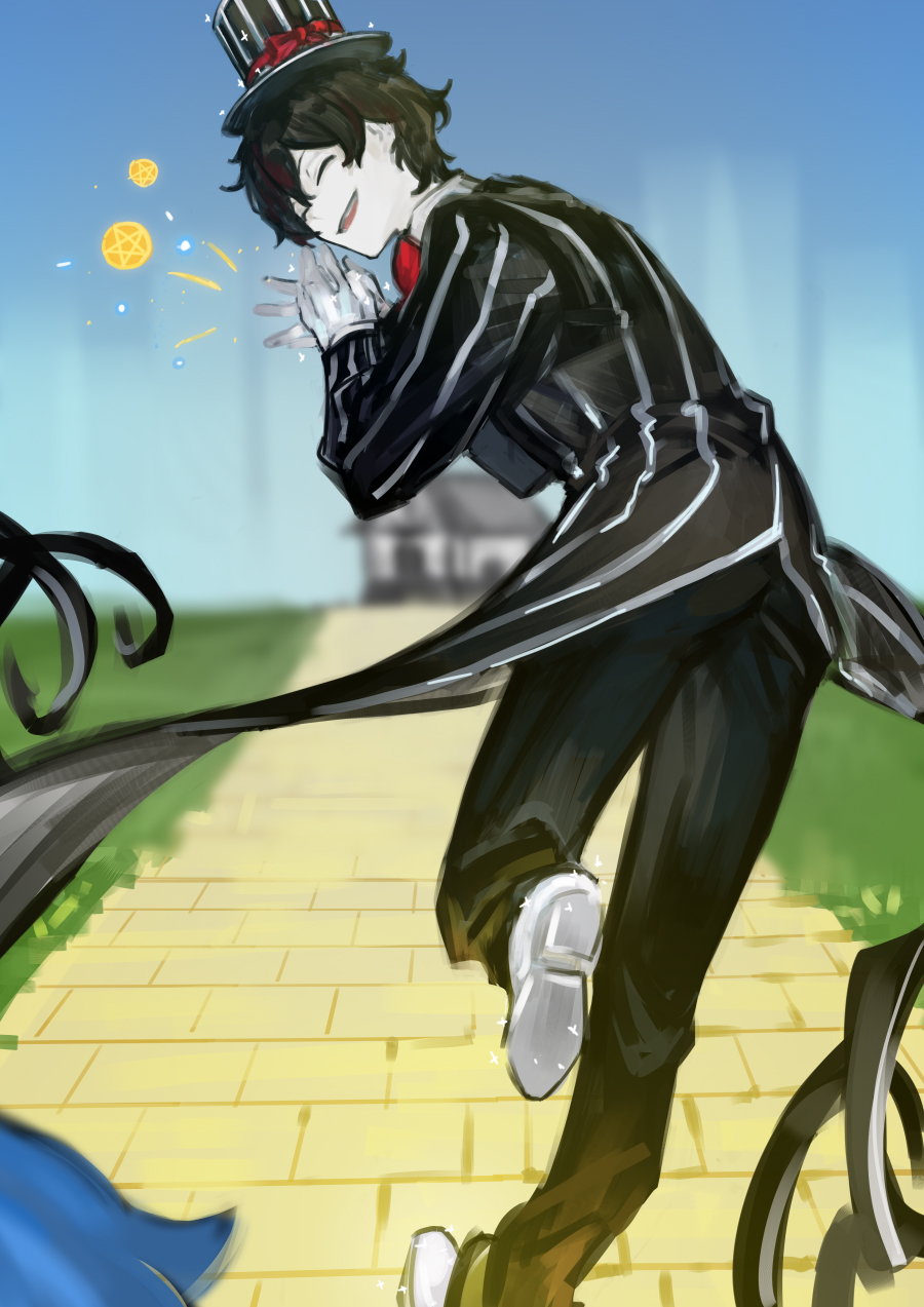 1boy, black_coat, black_hair, black_hat, black_pants, bow, bowtie, clapping