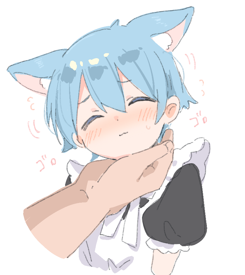 2boys, animal_ear_fluff, animal_ears, apron, blue_hair, blush, cat_boy, cat_ears, closed_eyes, disembodied_hand, head_tilt, maid_apron, male_focus, misskey.io, multiple_boys, murakami-san_(misskey.io), paragasu_(parags112), puffy_short_sleeves, puffy_sleeves, short_hair, short_sleeves, simple_background, smile, solo_focus, stroking_another's_chin, trap, upper_body, white_apron, white_background, yaoi