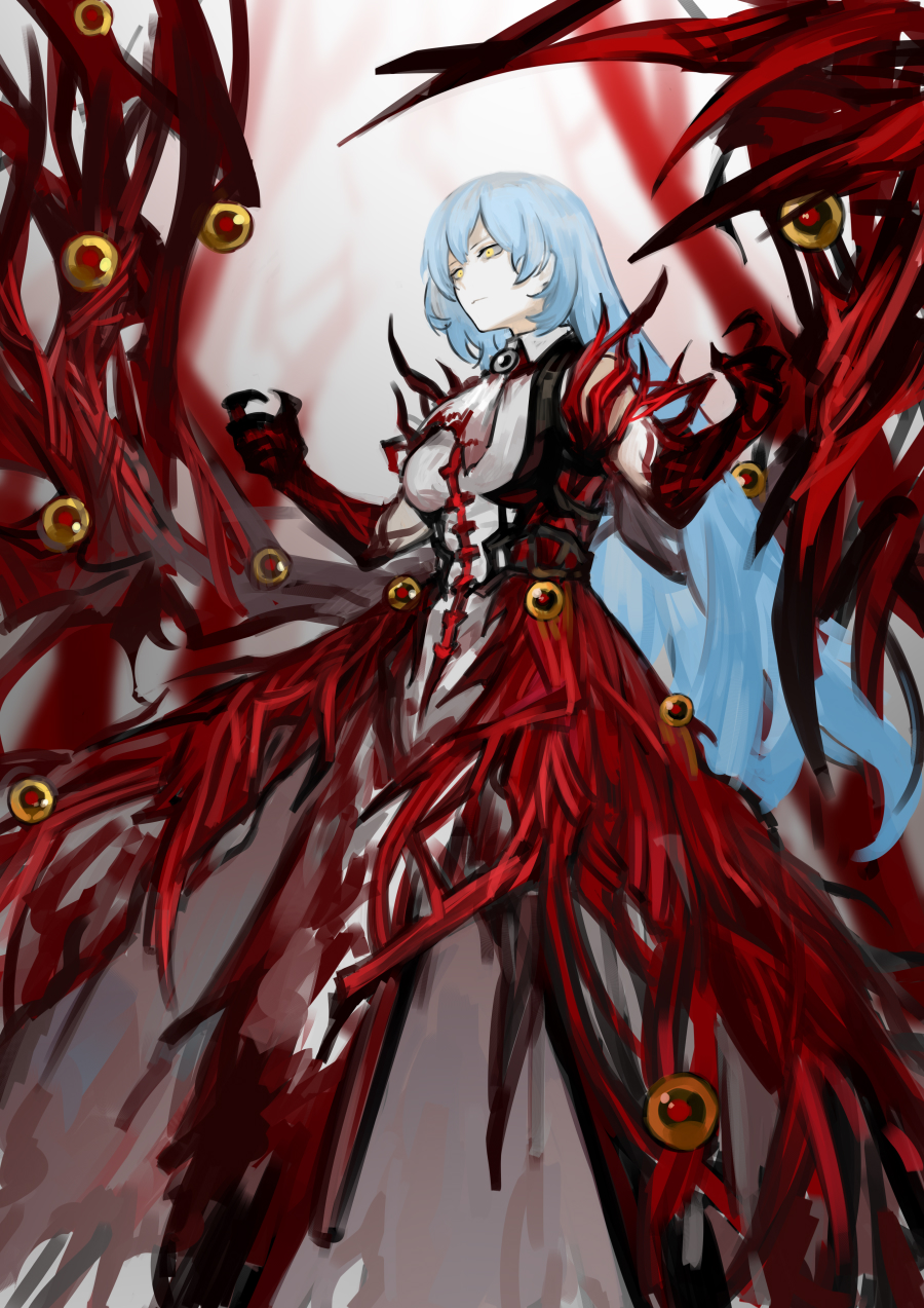 1girl, angela_(project_moon), ascot, blue_hair, breasts, brooch, claws, closed_mouth