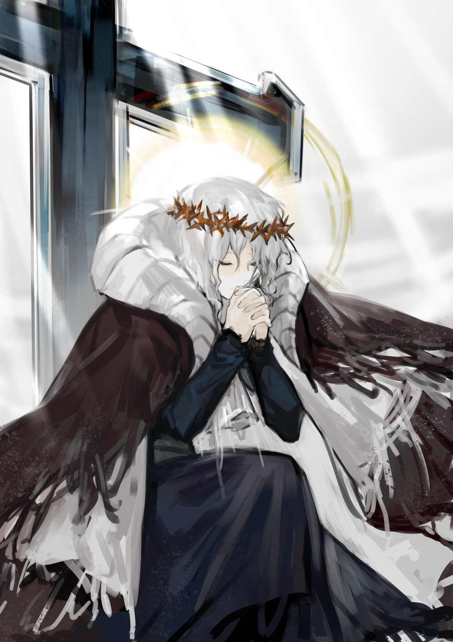 1girl, angela_(project_moon), blue_dress, brown_cape, cape, closed_eyes, closed_mouth, cross