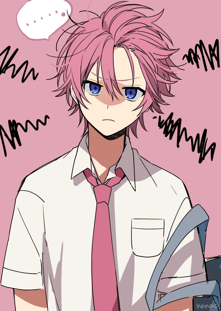 ..., 1boy, annoyed, artist_name, bag, blue_bag, blue_eyes, breast_pocket