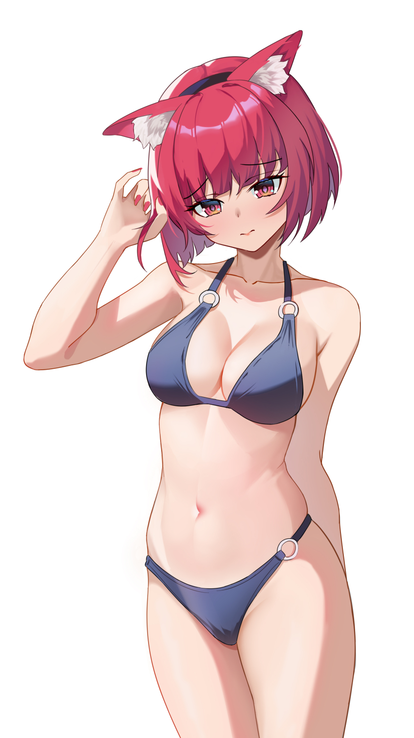 1girl, absurdres, animal_ear_fluff, animal_ear_hairband, animal_ears, arima_kana, bare_shoulders, bikini, blue_bikini, bob_cut, breasts, cat_ear_hairband, cat_ears, chinese_commentary, closed_mouth, collarbone, commentary_request, cowboy_shot, ederh, fake_animal_ears, hairband, hand_up, highres, inverted_bob, large_breasts, medium_hair, nail_polish, navel, o-ring, o-ring_bikini, oshi_no_ko, partial_commentary, red_eyes, red_hair, red_nails, ruffling_hair, simple_background, solo, stomach, swimsuit, white_background