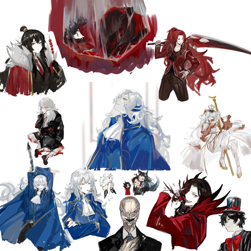 angelica_(project_moon), argalia_(project_moon), ascot, bat_(animal), big_and_will_be_bad_wolf, black_jacket, blood, blue_cape, blue_jacket, cape, cobalt_scar_(e.g.o), collage, dipsia_(e.g.o), e.g.o_(project_moon), faded_memories_(e.g.o), fur-trimmed_cape, fur_trim, gebura_(project_moon), hair_bun, hat, high_ponytail, highres, holding, holding_sword, holding_weapon, jacket, library_of_ruina, long_hair, mimicry_(e.g.o), necktie, nishikujic, nosferatu_(project_moon), ozma_(project_moon), philip_(project_moon), ponytail, project_moon, red_cape, red_hair, red_necktie, road_home_(project_moon), roland_(project_moon), simple_background, sword, the_homing_instinct_(e.g.o), top_hat, very_long_hair, weapon, white_ascot, white_background, white_hair, xiao_(project_moon)