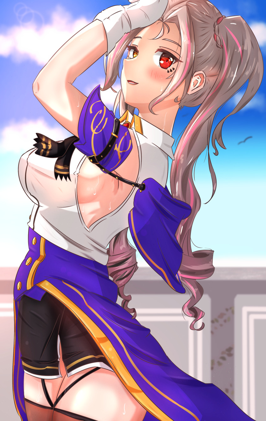 1girl, absurdres, arm_up, armpits, bird, blue_sky, blush, breasts, buttons, cloud, cloudy_sky, collar, commentary, cosplay, drill_hair, english_commentary, eyelashes, gloves, grey_hair, hand_on_forehead, highres, large_breasts, liliana_vampaia, looking_at_viewer, medium_breasts, multicolored_hair, myholo_tv, ninym_ralei, ninym_ralei_(cosplay), pakciknasilemak, parted_lips, red_eyes, sky, sleeveless, streaked_hair, sweat, tensai_ouji_no_akaji_kokka_saiseijutsu, thigh_gap, thigh_strap, thighs, turning_head, twin_drills, twintails, uniform, virtual_youtuber