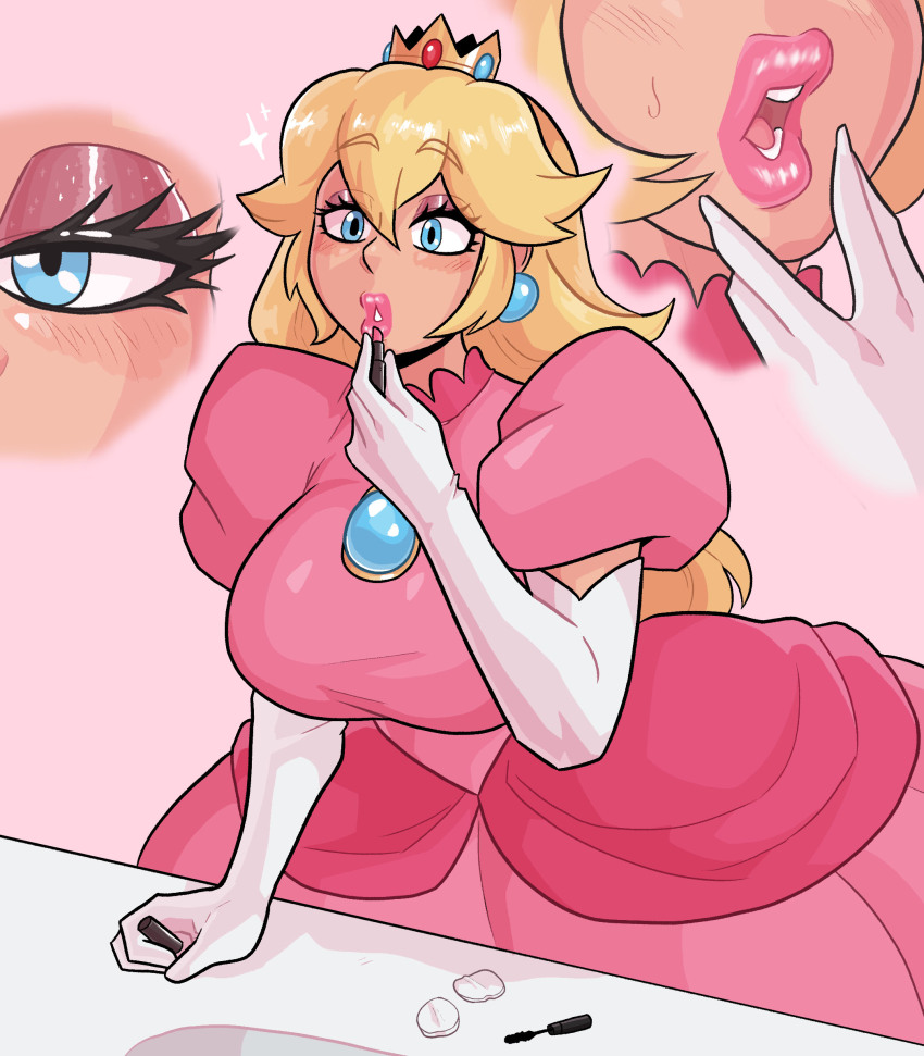 1girl, absurdres, applying_makeup, applying_own_makeup, blonde_hair, blue_eyes, blue_gem, breasts