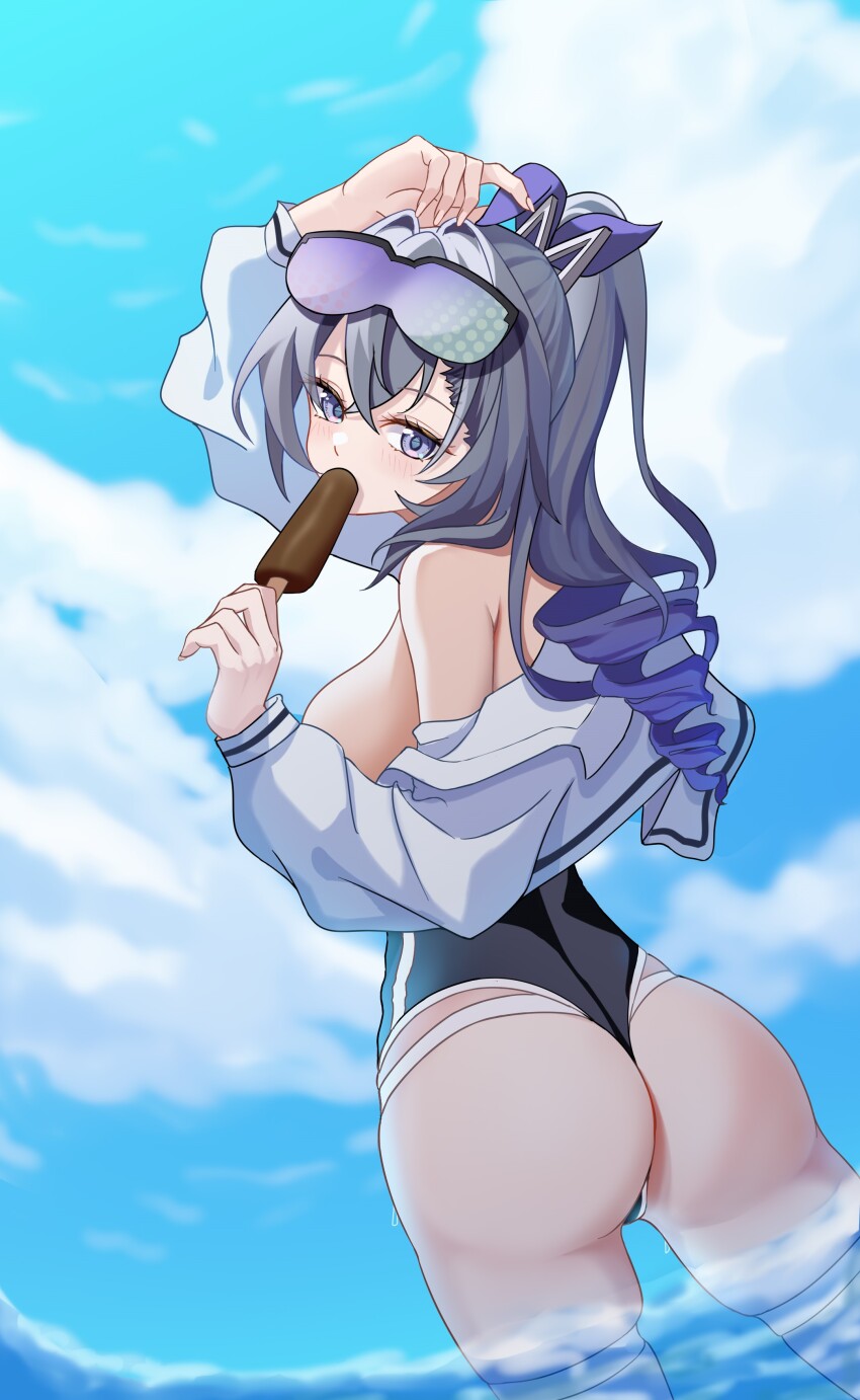 1girl, absurdres, ass, blush, breasts, chinese_commentary, cloud, commentary_request, cropped_jacket, day, drill_hair, drill_ponytail, dutch_angle, ederh, eyewear_on_head, food, gradient_hair, grey_hair, highres, honkai:_star_rail, honkai_(series), jacket, large_breasts, looking_at_viewer, looking_back, multicolored_hair, off_shoulder, one-piece_swimsuit, open_clothes, open_jacket, popsicle, purple_eyes, purple_hair, silver_wolf_(honkai:_star_rail), skindentation, sky, solo, sunglasses, swimsuit, wading, white_jacket