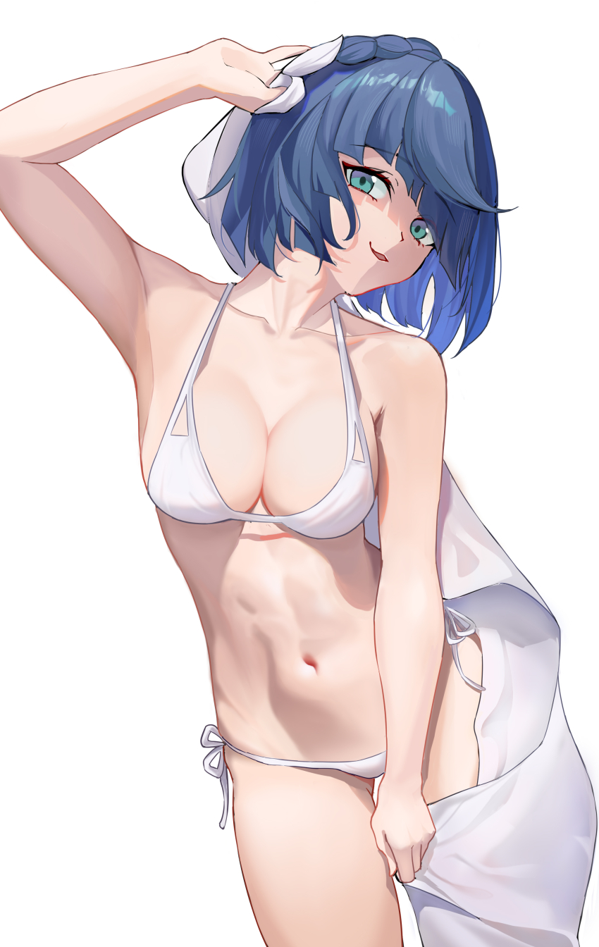 1girl, absurdres, bare_shoulders, bikini, blue_eyes, blue_hair, braid, breasts