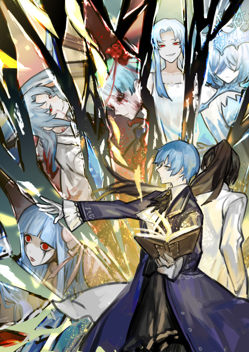 2girls, angela_(project_moon), ascot, black_skirt, black_vest, blue_coat, blue_hair, book